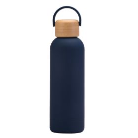 500ml Small Mouth Vacuum Cup Portable Handle Bamboo Wood Cover Water Cup Water Bottle (Option: Indigo Blue-500ml)