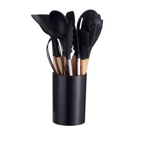 12-piece Silicone Kitchenware With Wooden Handle (Option: Black-12pcs Set)