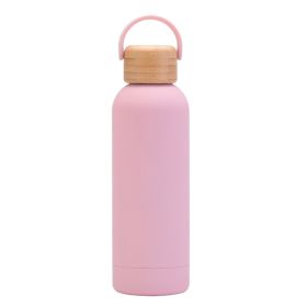 500ml Small Mouth Vacuum Cup Portable Handle Bamboo Wood Cover Water Cup Water Bottle (Option: Light Pink-500ml)